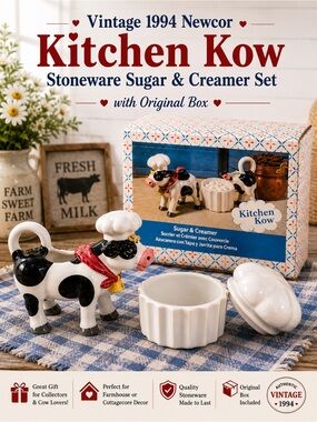 Vintage 1994 Newcor Kitchen Kow Stoneware Sugar & Creamer Set w/ Original Box
